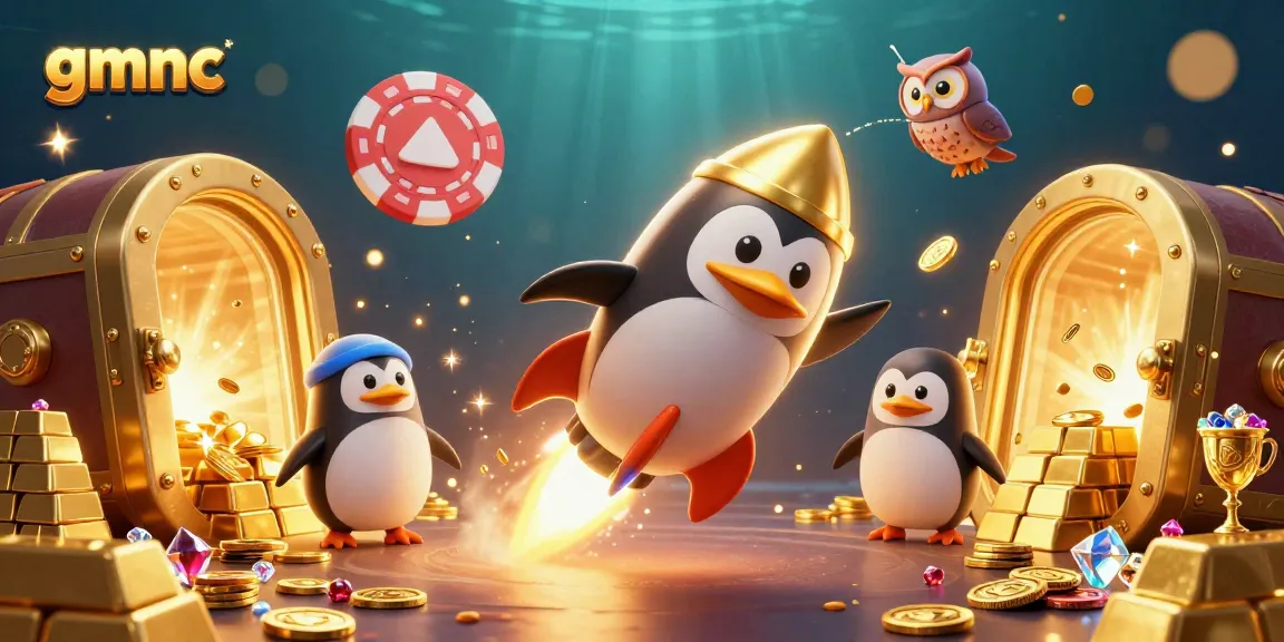 Spin to win with gmnc: A vibrant 3D penguin rockets through a casino-themed space, surrounded by treasures.