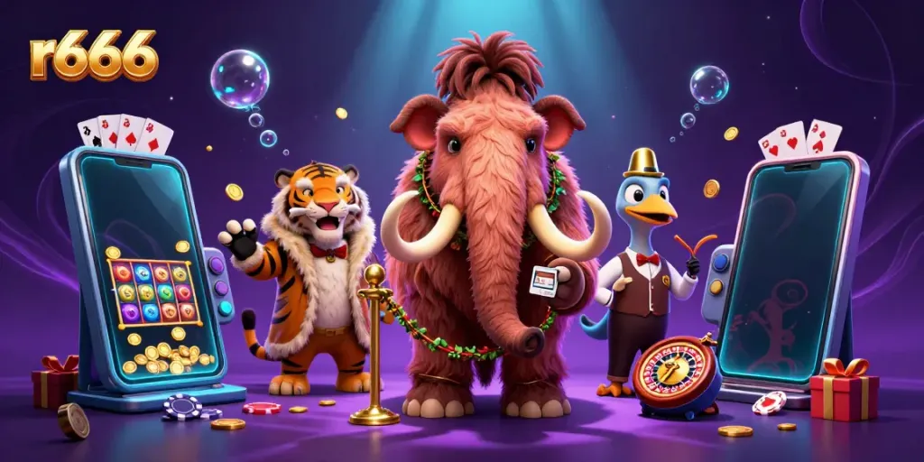 Win big with r666 in this vibrant casino scene featuring playful characters.
