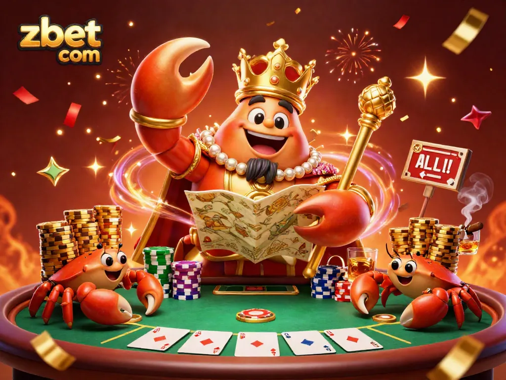 Experience thrilling gameplay at zbet com with a vibrant 3D casino illustration featuring a golden crab emperor surrounded by poker elements.