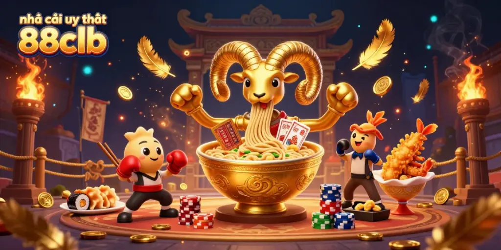 Engage with the action of nhà cái uy tín 88clb as a giant ramen bowl entertains in a dynamic casino scene.