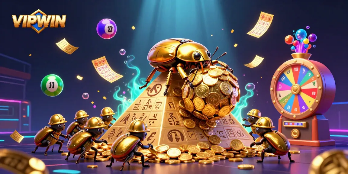 Experience gambling excitement at VIPWIN with a dynamic 3D illustration of gold coins, lottery balls, and vibrant casino symbols.