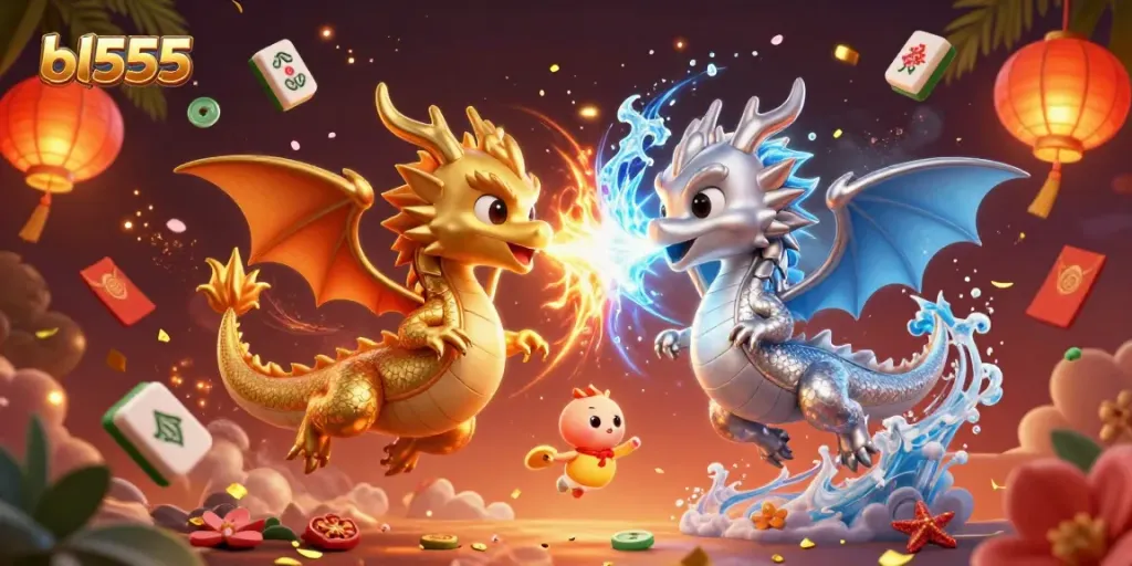 Join the thrilling action at bl555 with dragons battling in a vibrant casino atmosphere.