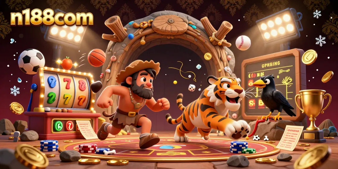 Experience the excitement of n188com with a vibrant 3D casino scene featuring lively characters and dynamic gaming elements.