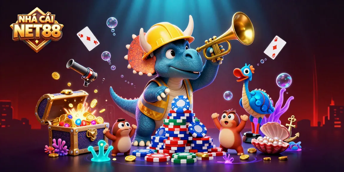 Engage with NHÀ CÁI NET88 through a vibrant 3D casino scene showcasing playful characters and colorful gaming elements.