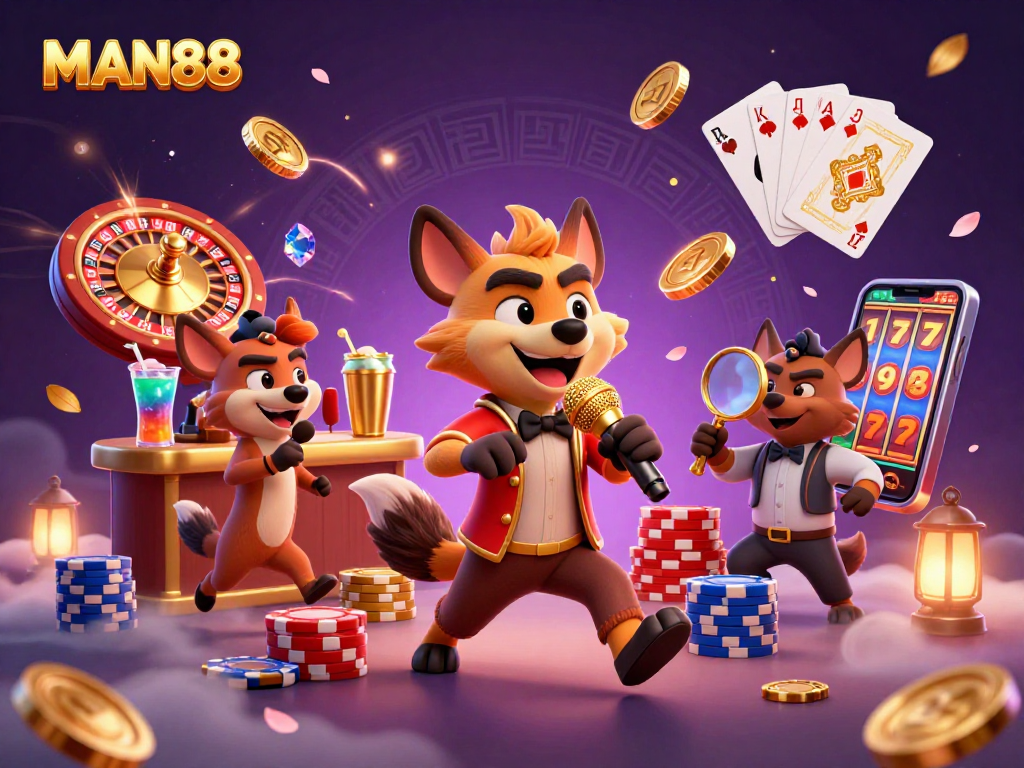 Experience the vibrant energy of MAN88 casino with hyenas running a comedy club surrounded by golden casino elements.