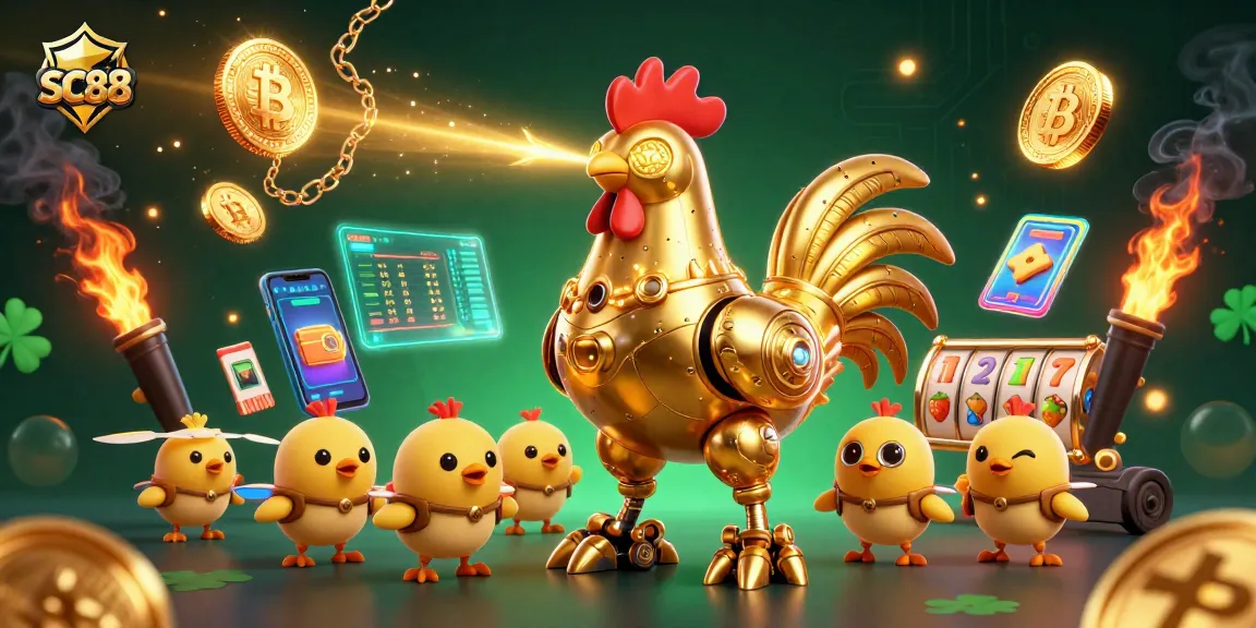 Engage with SC88's thrilling gameplay featuring a golden rooster robot in a vibrant casino scene.