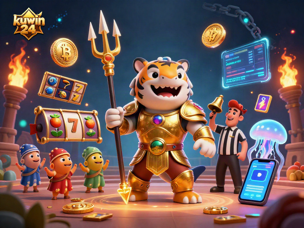 Engage in thrilling gameplay with kuwin 24 as the tiger shark in gladiator armor leads a vibrant casino scene.