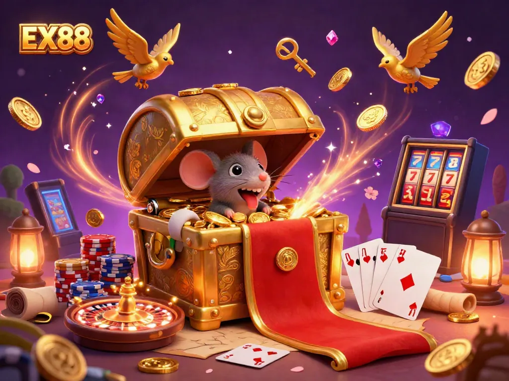 Engage with EX88 and experience the thrill of gaming in a vibrant 3D illustration of a treasure chest and casino elements.