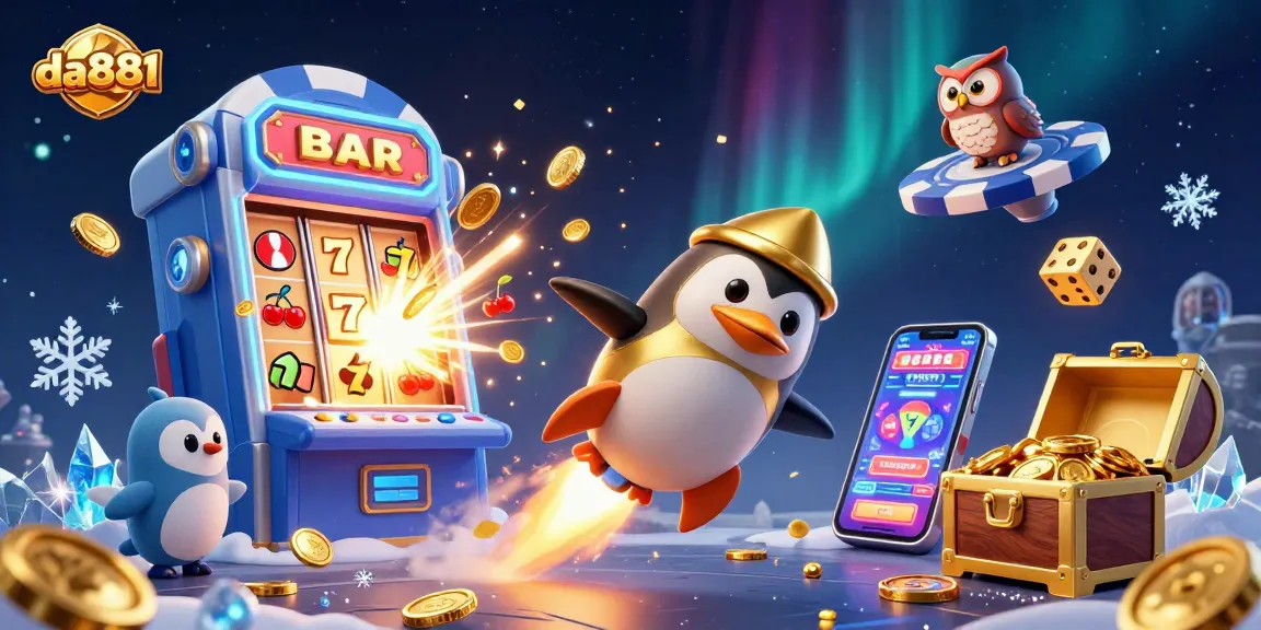 Spin the reels at da881 with a golden penguin racing towards massive jackpots in a vibrant casino universe.