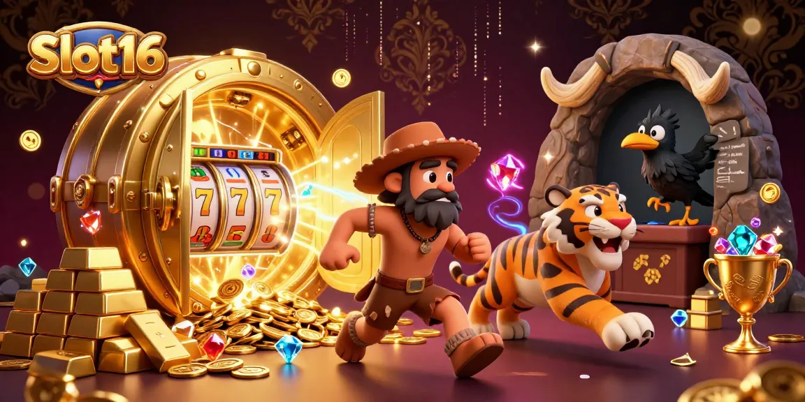Experience the excitement of Slot16 with a vibrant casino scene featuring a caveman, sabertooth tiger, and clever crow.