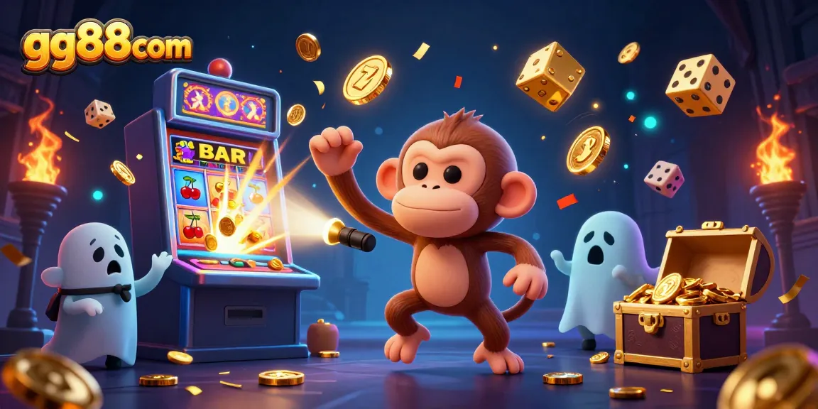 Experience the thrill of winning at gg88com with a lively casino gaming illustration featuring a mischievous monkey.