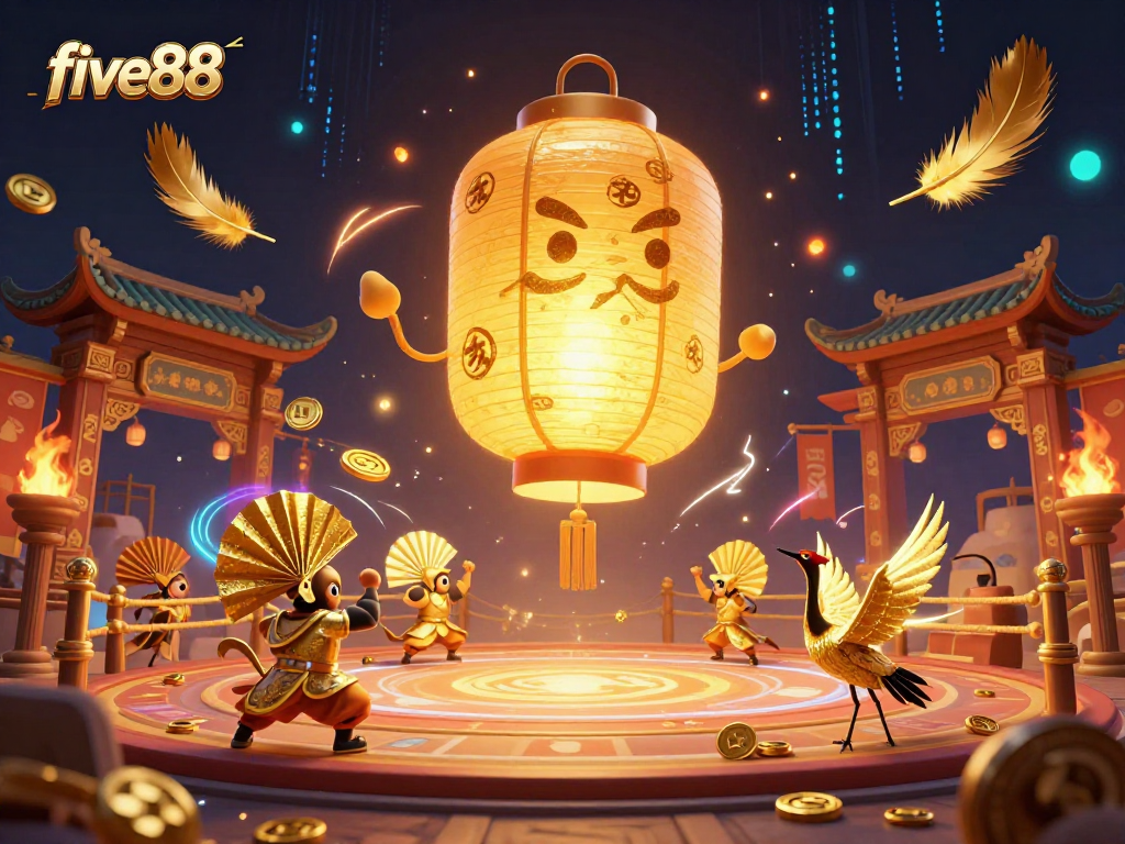 Experience the thrilling atmosphere of five88 with a vibrant 3D illustration of a golden lantern spirit above a night market casino.