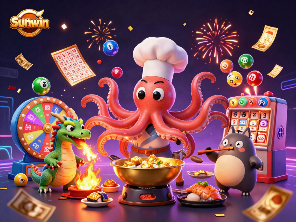 Join the excitement with Sunwin as the octopus chef prepares golden dishes amid vibrant lottery elements.