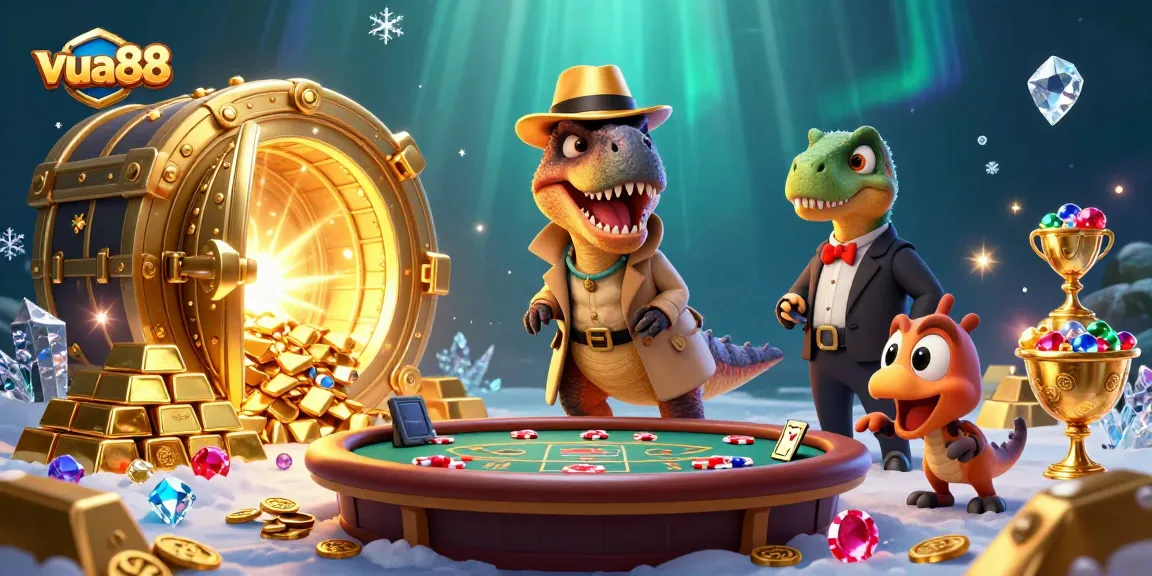 Experience thrilling blackjack action at vua88 with clever dinosaur characters and vibrant casino elements.