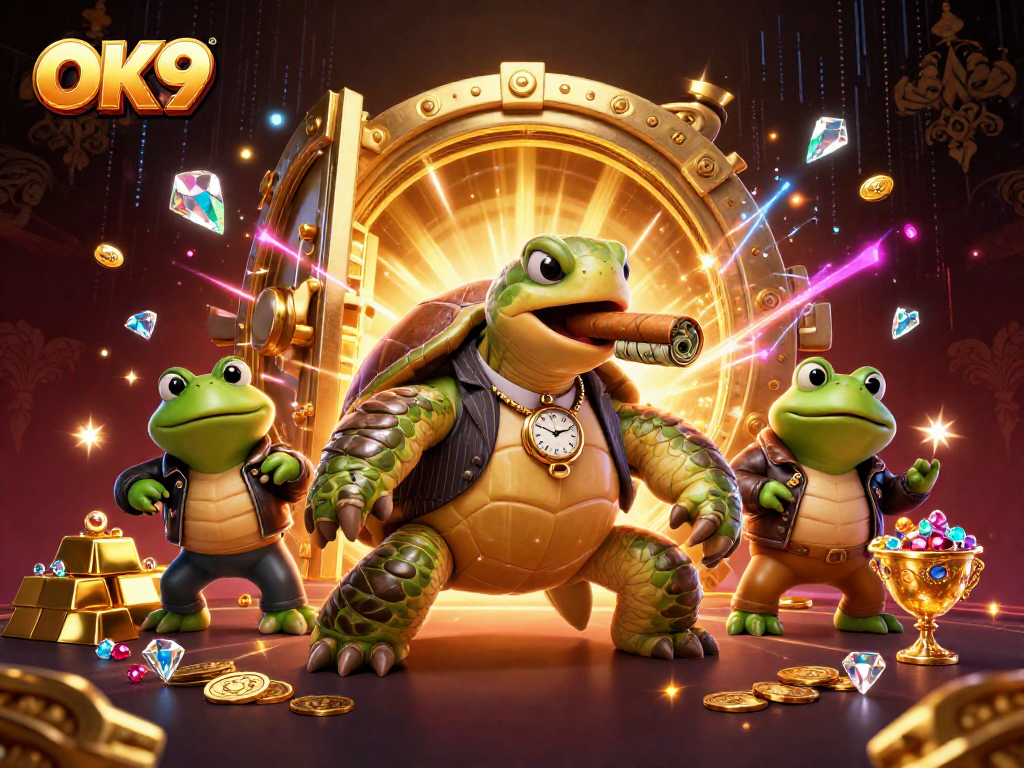 Engage in thrilling gameplay at OK9, where a mobster turtle leads bullfrog enforcers in a vibrant casino scene.