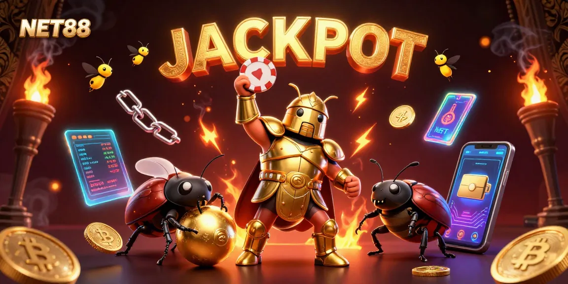 Celebrate your winnings with NET88 in a vibrant gambling scene depicting a victorious beetle and dazzling casino elements.