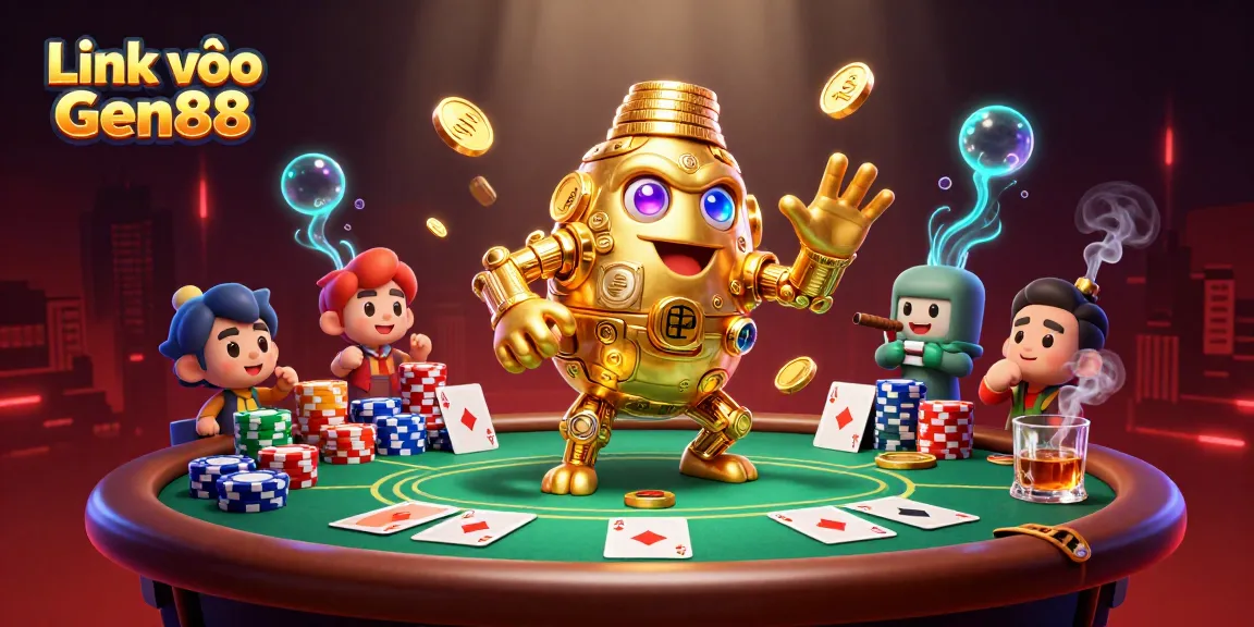 Experience excitement and winning potential with the dynamic scene depicting Link vào Gen88, showcasing vibrant poker elements and a golden golem.