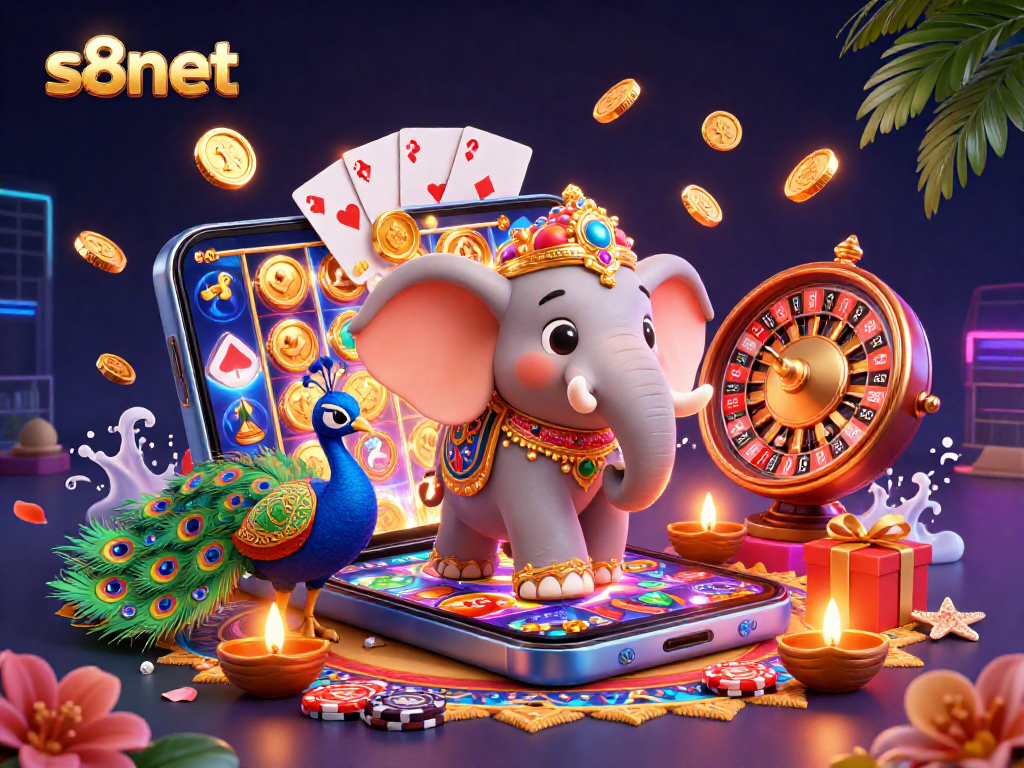 S8net offers vibrant casino gaming experiences with themed elephant and peacock amidst dynamic slot games.