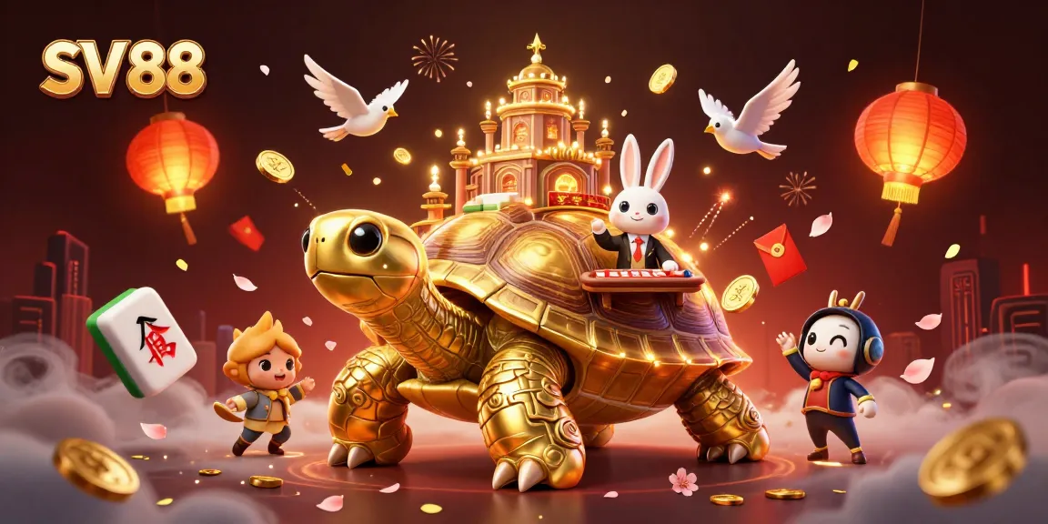 Experience the excitement of SV 88 with a dynamic casino scene featuring a golden tortoise and rabbit dealer.