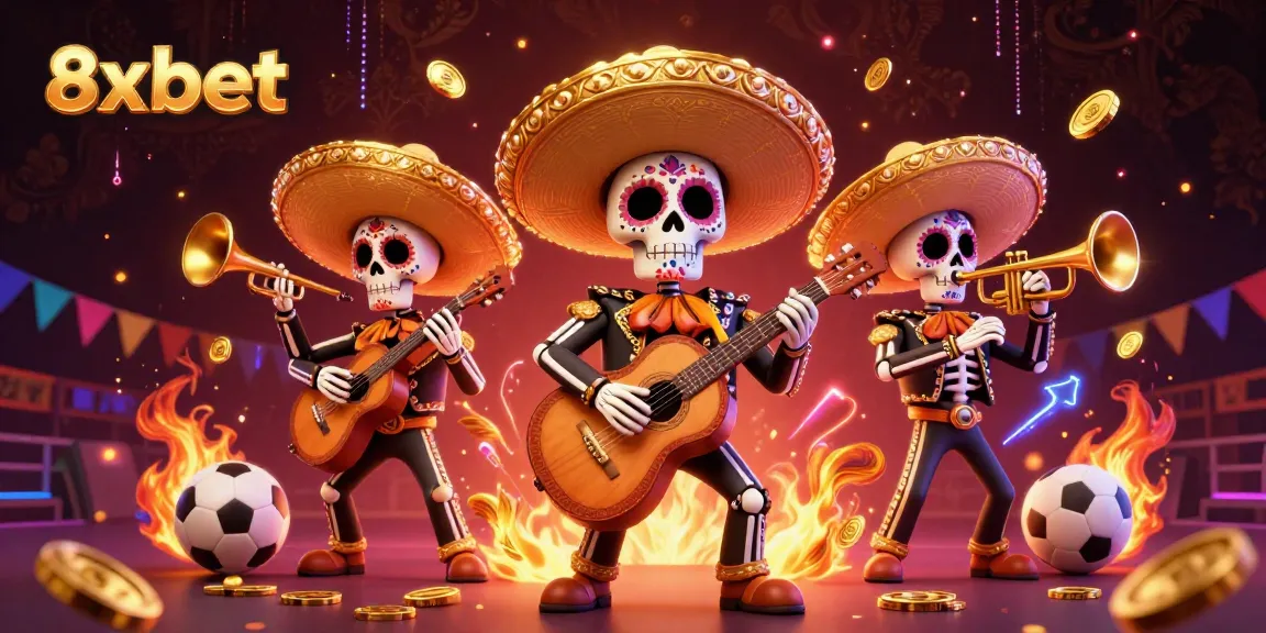 Engage with 8xbet in vibrant 3D illustration featuring a mariachi band amidst a dynamic sports betting scene.