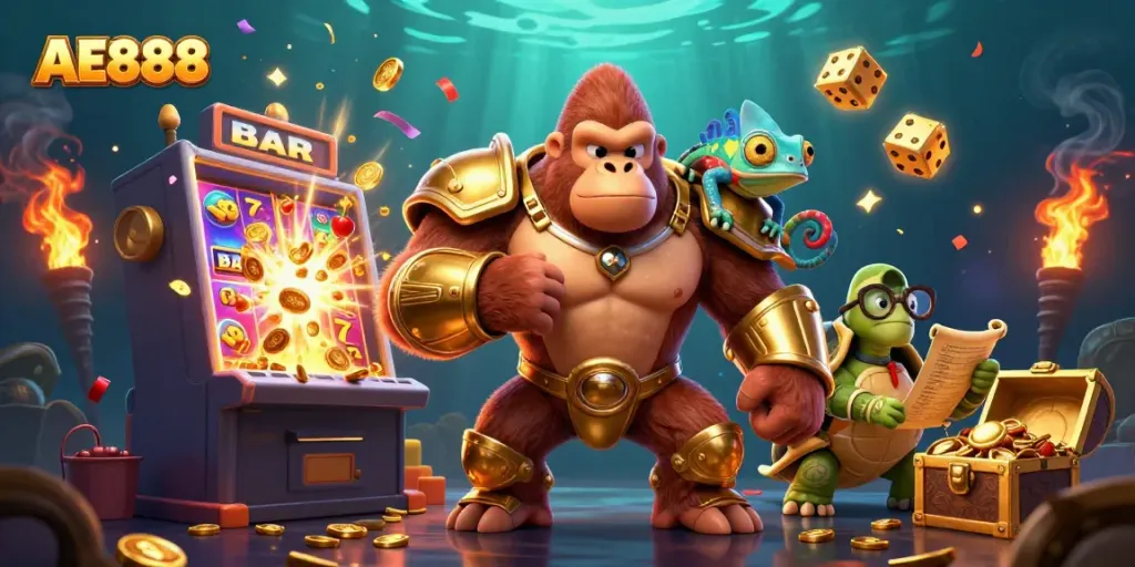 Experience the excitement of AE888 as a powerful gorilla king and companions celebrate a casino jackpot.