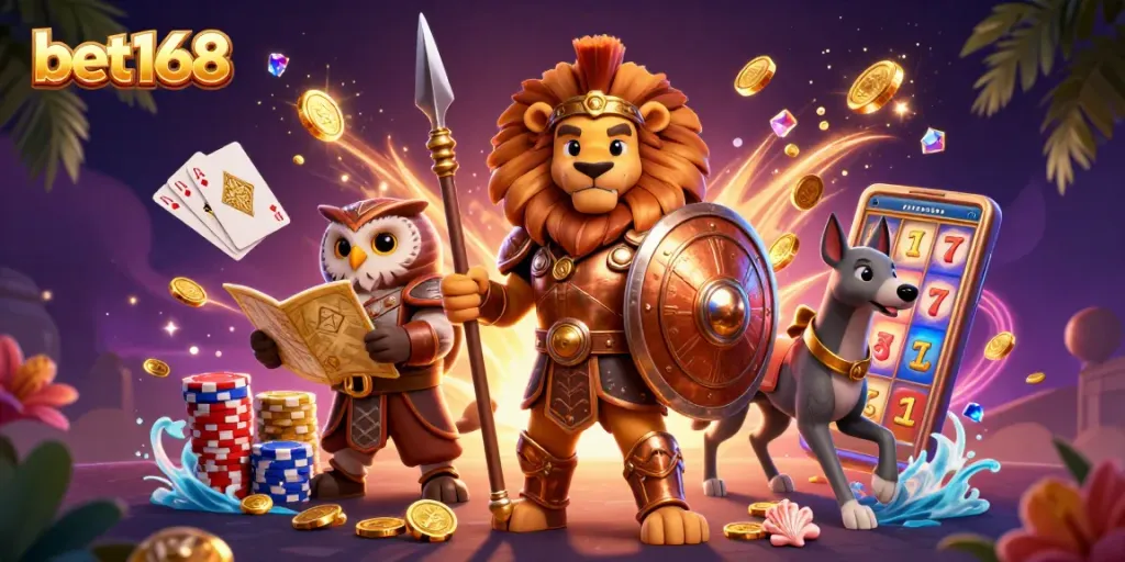 Win with bet168 in an exciting casino scene featuring a Spartan lion, owl strategist, and greyhound messenger.