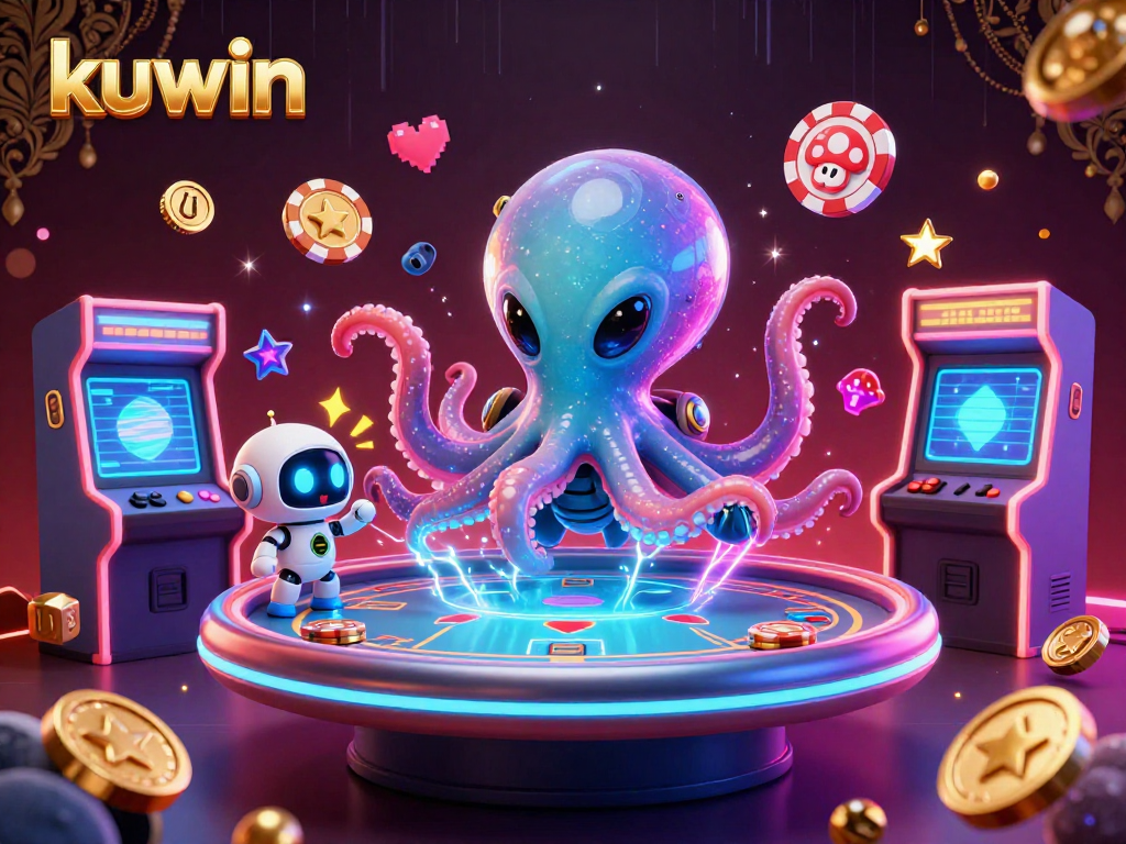 Engage with kuwin's colorful 3D alien octopus at a holographic poker table, promoting exciting gaming action.
