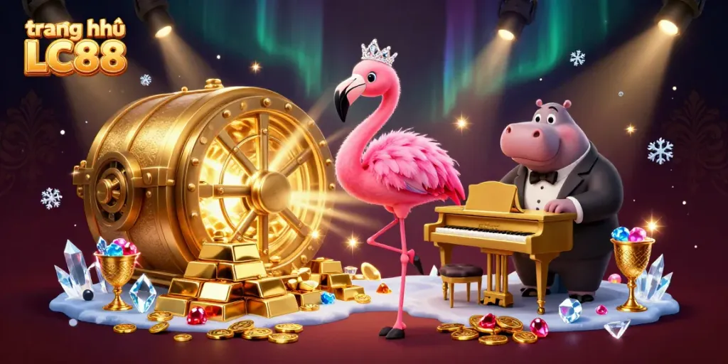 Experience the vibrant energy of trang chủ LC88 with a dynamic casino scene featuring characters and treasures.