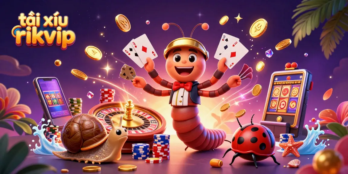 Experience thrilling tài xỉu rikvip action with a lively 3D illustration of a millipede dealer and vibrant casino elements.