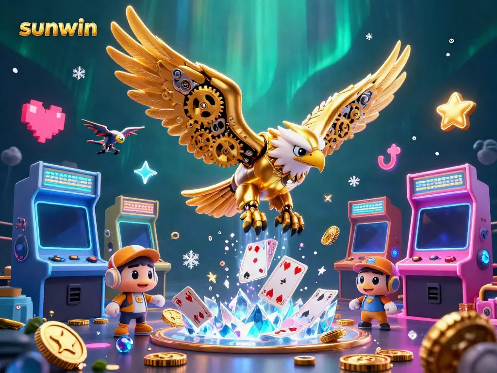 Engage in thrilling gameplay at Sunwin with a dynamic 3D illustration featuring a golden eagle and arcade tokens.