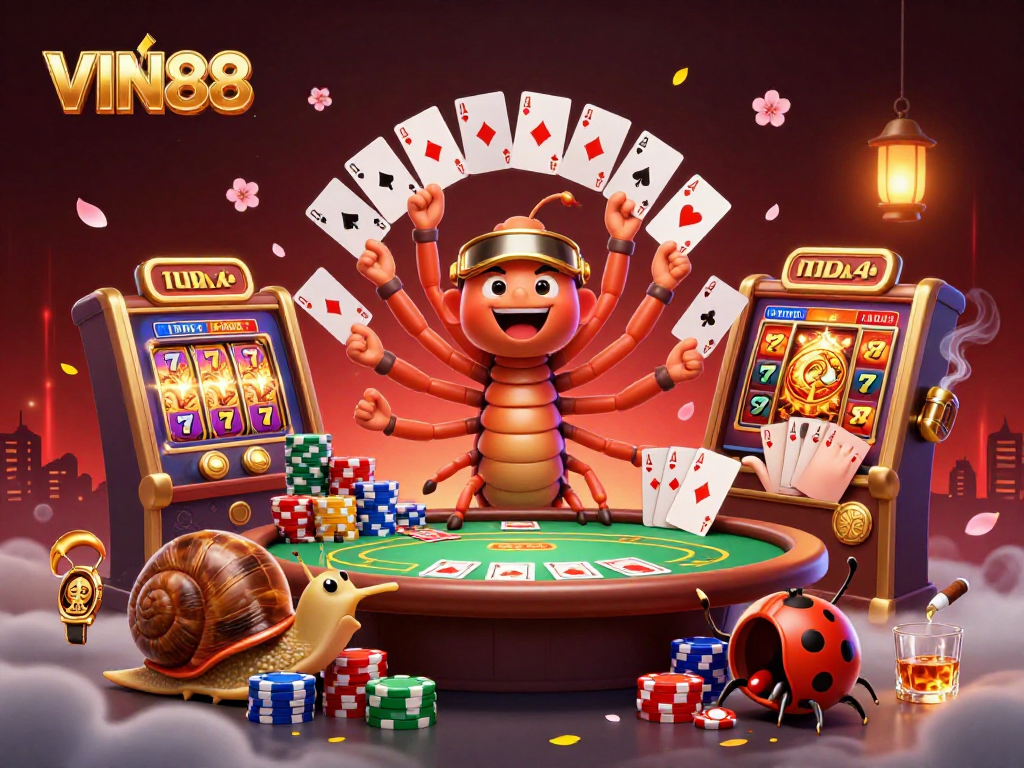 Experience the thrill of VIN88 with animated characters and vibrant slot elements in a lively casino scene.