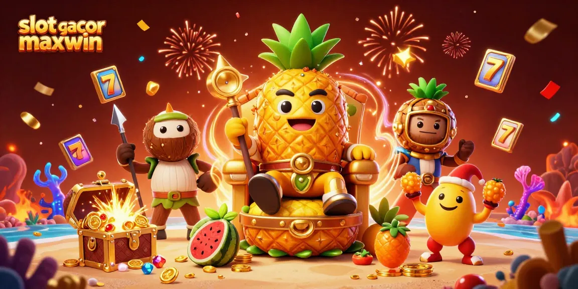 Engage with slot gacor maxwin as the golden pineapple king reigns over a colorful beach casino.