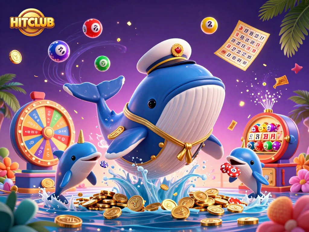 HITCLUB whale breaching through coins surrounded by vibrant gaming elements, capturing the excitement of online gaming.