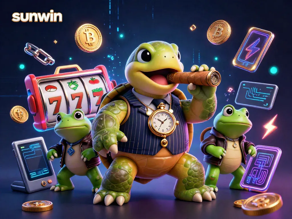 Win big with sunwin featuring a massive turtle in a casino scene with slots, crypto coins, and vibrant visuals.