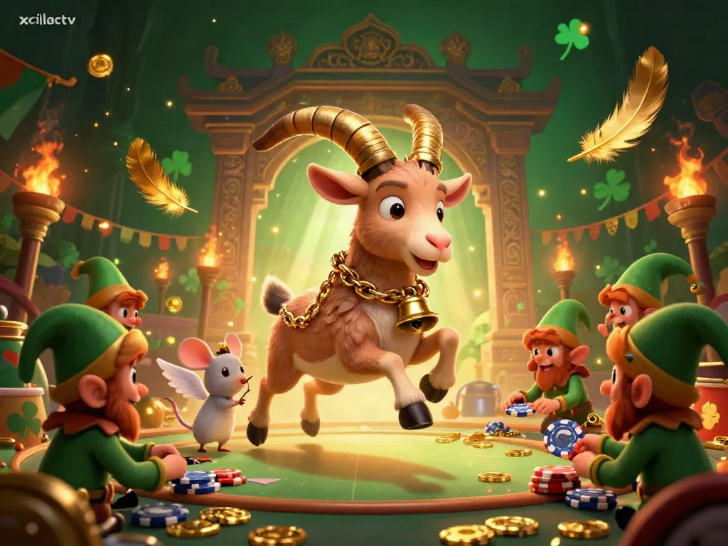A thrilling gambling scene with Krampus goat running a casino, angel mouse organizing, and gremlins stealing chips at xoilactv.