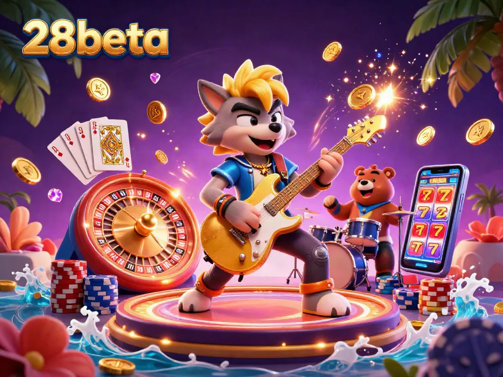 Experience the excitement of 28beta’s casino scene with a rock star wolf and drummer bear amidst scattered coins.