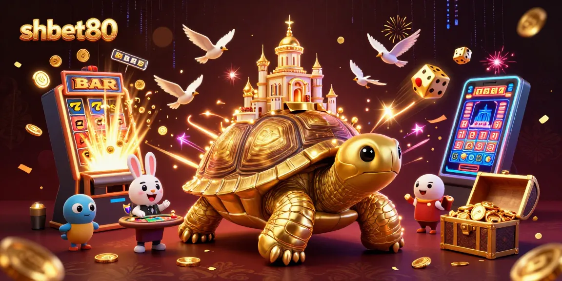 Experience thrilling gameplay at shbet80 with a vibrant casino scene featuring a tortoise and rabbit dealer amidst flying coins.
