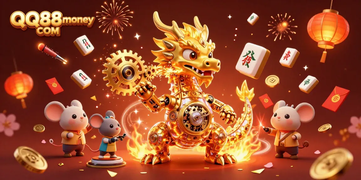 Win big at QQ88money COM with a vibrant 3D casino scene featuring a golden dragon and festive elements.