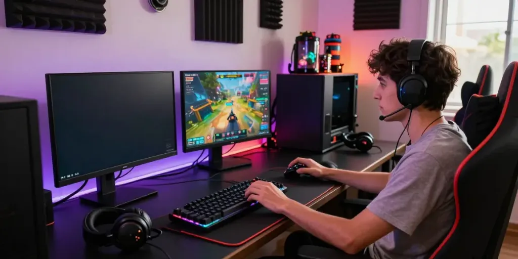 Engaged gamer at gaming desk showcasing HITCLUB excitement and accessories in a vibrant environment.