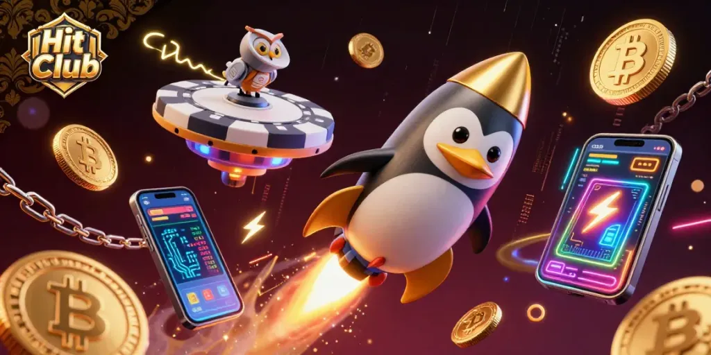 Experience excitement at Hit Club with a golden penguin leading the way through a vibrant casino-themed universe.