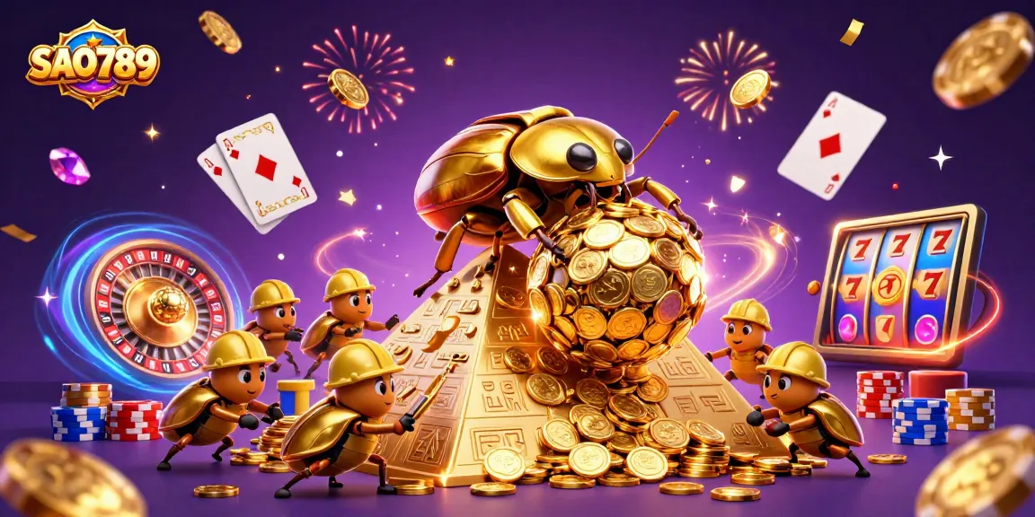 SAO789 captures excitement with a golden dung beetle rolling coins in a vibrant casino scene.