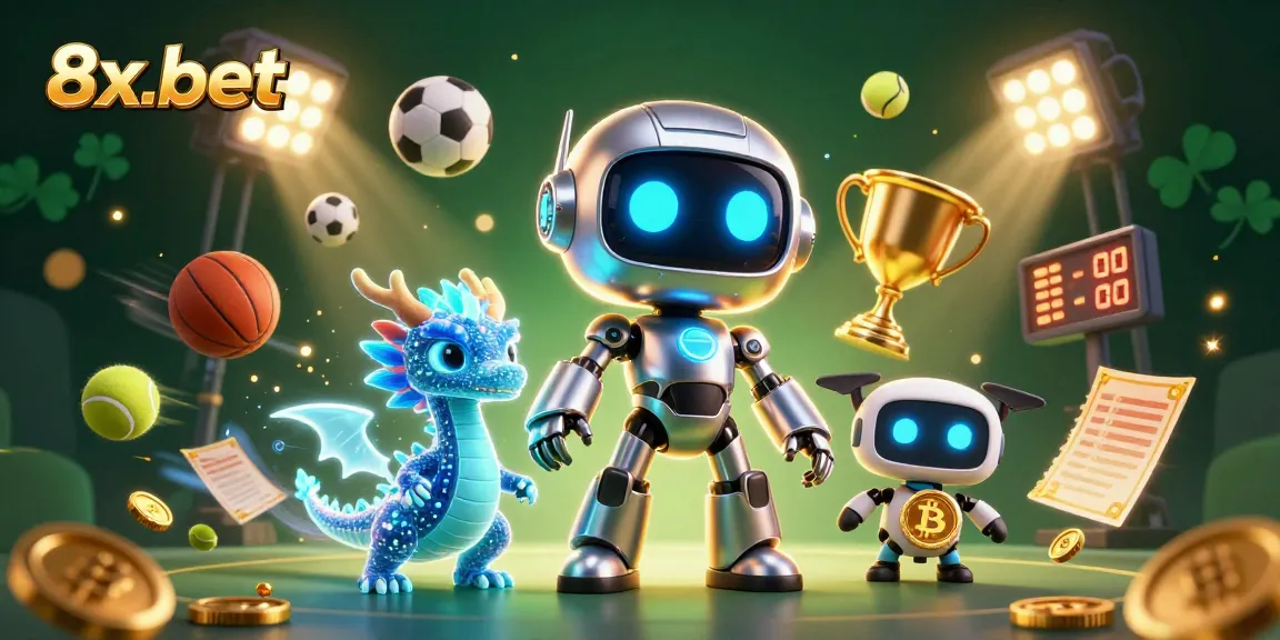 Engage in gaming action with 8x-bet featuring cyberpunk robot and vibrant sports elements.