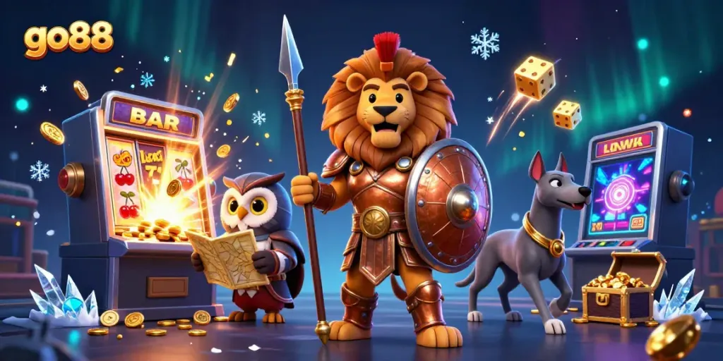 Experience thrilling gameplay at go88 with a dynamic scene of a lion hero, wise owl, and swift messenger.