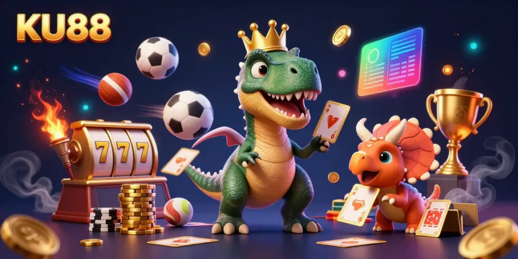 Experience thrilling gaming action with KU88 at the vibrant casino scene featuring colorful characters.