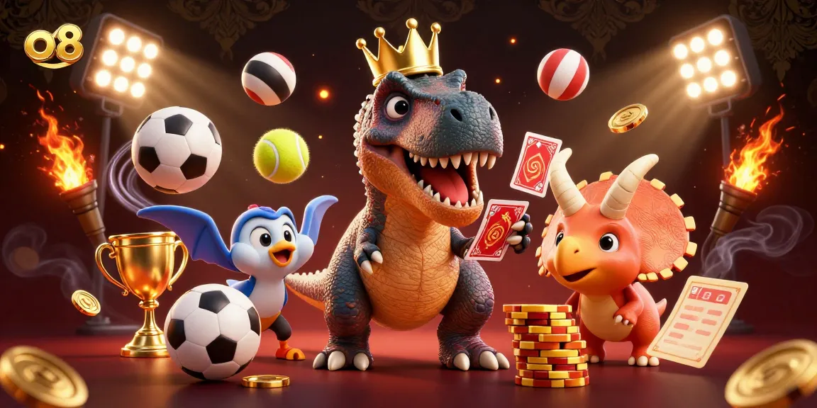 o8 engages players with a vibrant 3D illustration of a T-Rex playing cards and stacking chips.