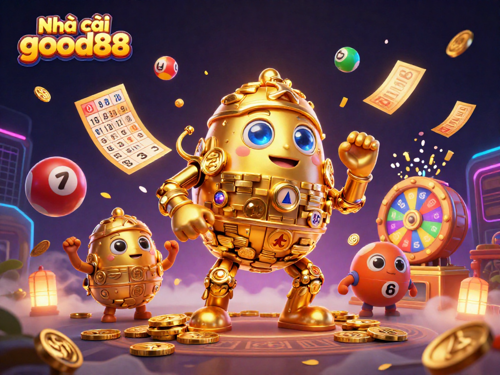 Experience the thrill of Nhà cái good88 with animated golden golem surrounded by vibrant casino elements.