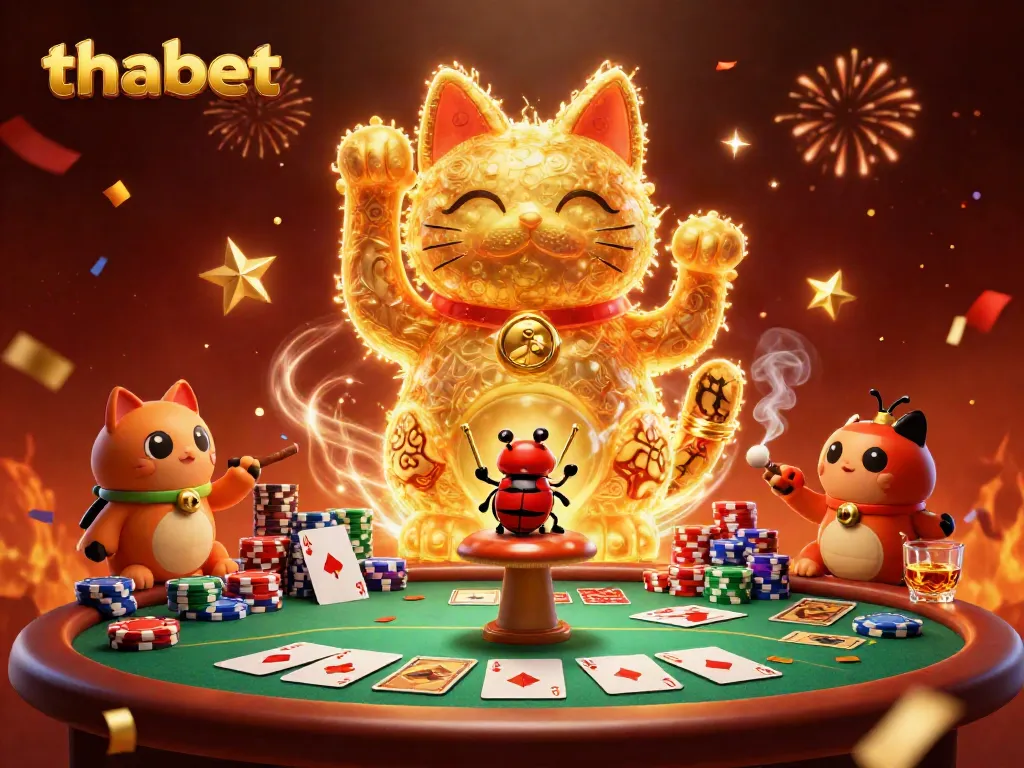 Experience the vibrant casino atmosphere at Thabet with a lucky cat and poker elements.