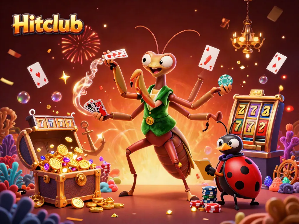 Hitclub showcases excitement with a vibrant 3D scene of themed gambling characters in action.
