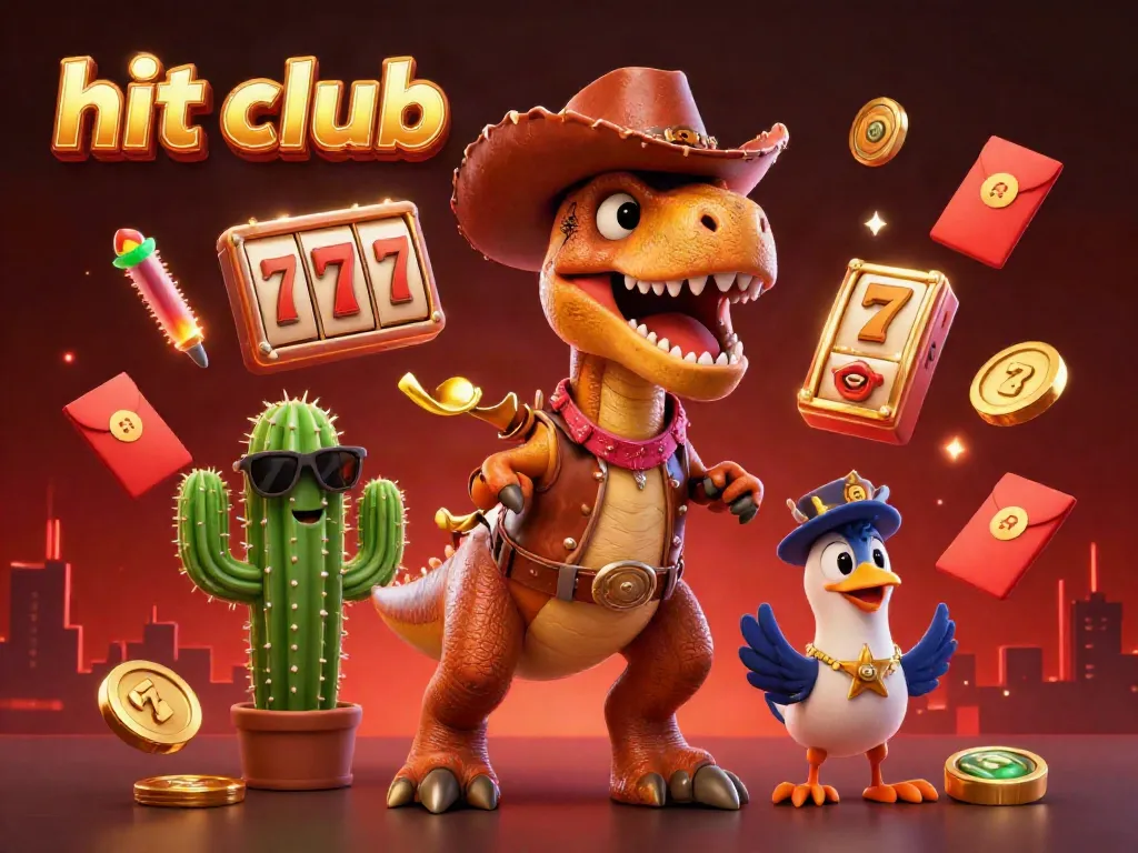 Experience the thrill of hit club with a vibrant 3D scene showcasing T-Rex and friends amidst slot reels and jackpots.