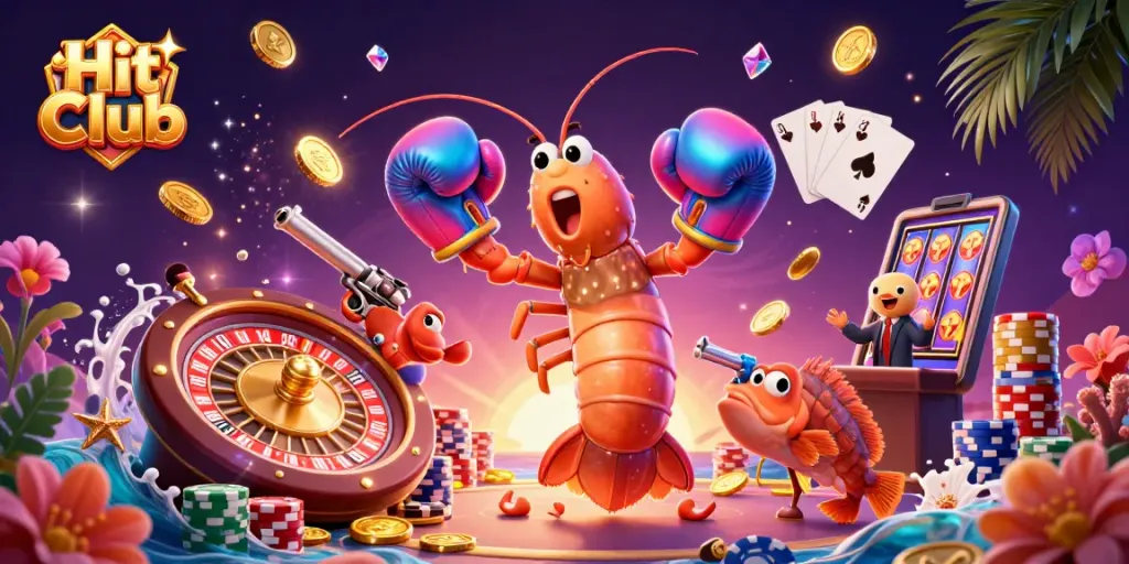 Engage with Hit Club's dynamic casino scene featuring vibrant characters and exciting gambling elements.